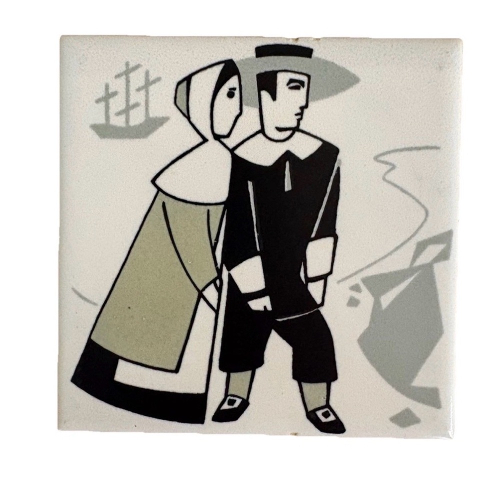 Rare Vintage MCM Lane Ceramic Tile Pilgrim Couple Wall Art Trivet Plaque